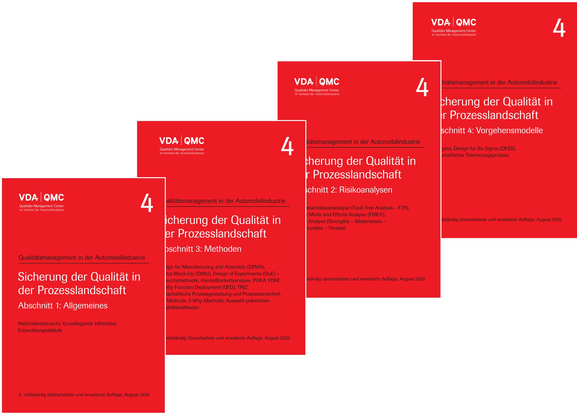 Ansicht  VDA Band 4 - Sicherung der Qualität in der Prozesslandschaft. Bundle der Abschnitte 1-4: Allgemeines, Risikoanalysen, Methoden und Vorgehensmodelle. 3., vollständig überarbeitete und erweiterte Auflage, August 2020 1.8.2020