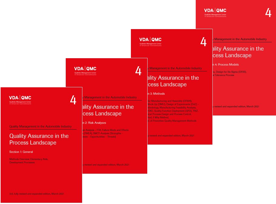 Ansicht  VDA Volume 4 - Quality Assurance in the Process Landscape. Bundle of Sections 1-4: General, Risikoanalysen, Methoden und Vorgehensmodelle. 3rd, fully revised and expanded edition, March 2021 1.3.2021